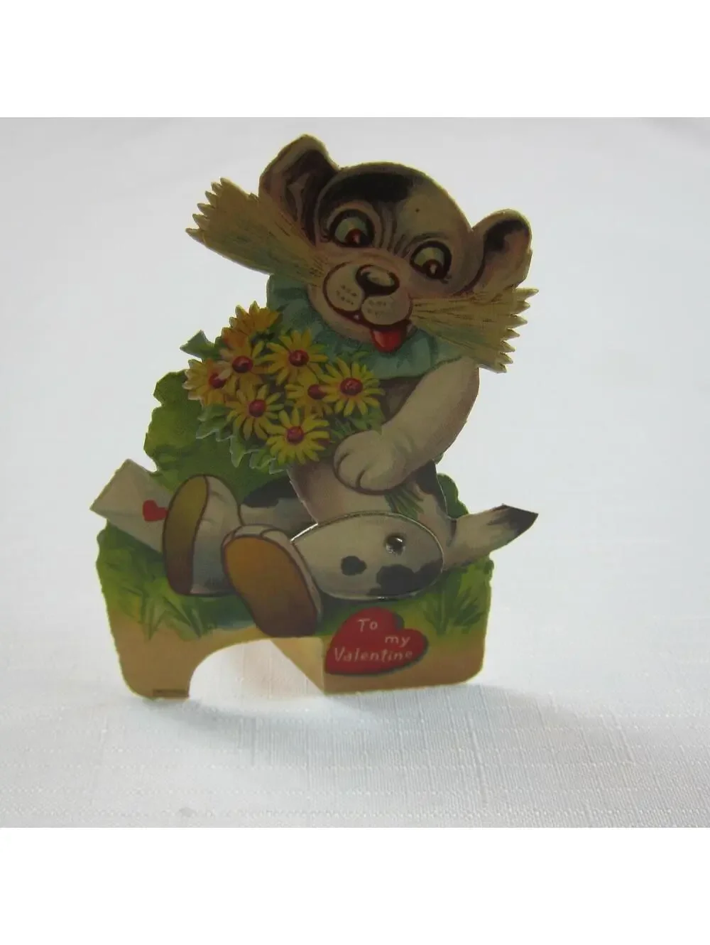 Vintage Valentine Card Mechanical Puppy Dog w/ Flowers Stand Up Germany 1920-30s